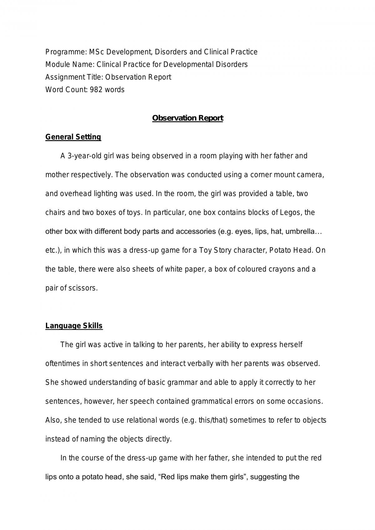 Clinical Practice for Developmental Disorders Observation Report - Page 1