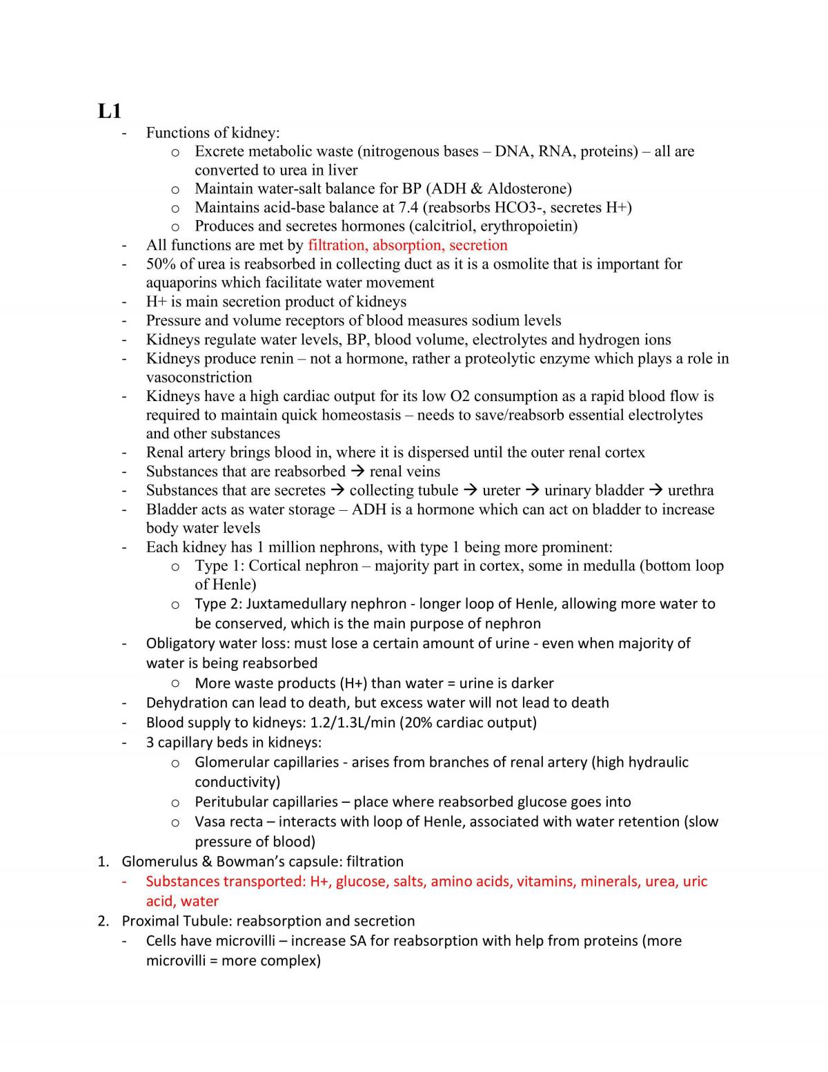 Renal system notes - Page 1