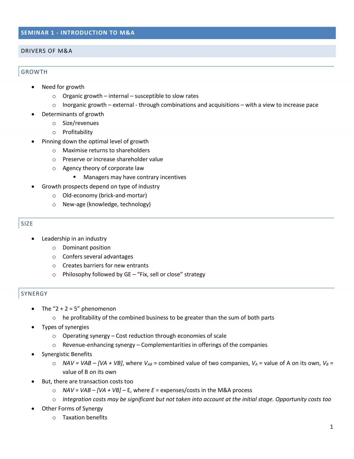 Mergers & Acquisitions Notes - Page 1