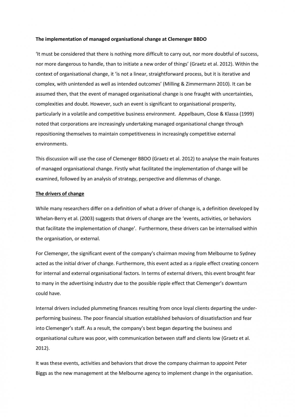 Essay- implementation of managed organised change - Page 1