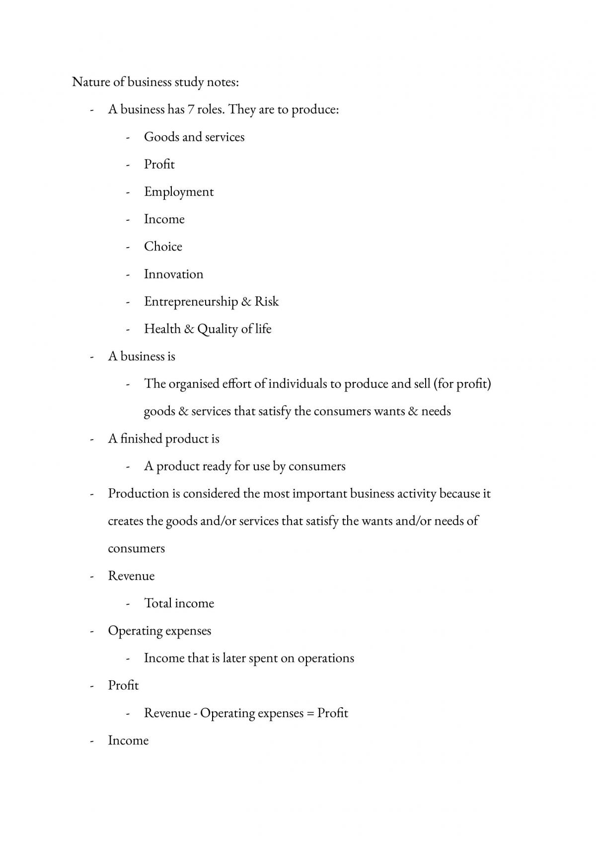The Nature of Business Study Notes - Page 1