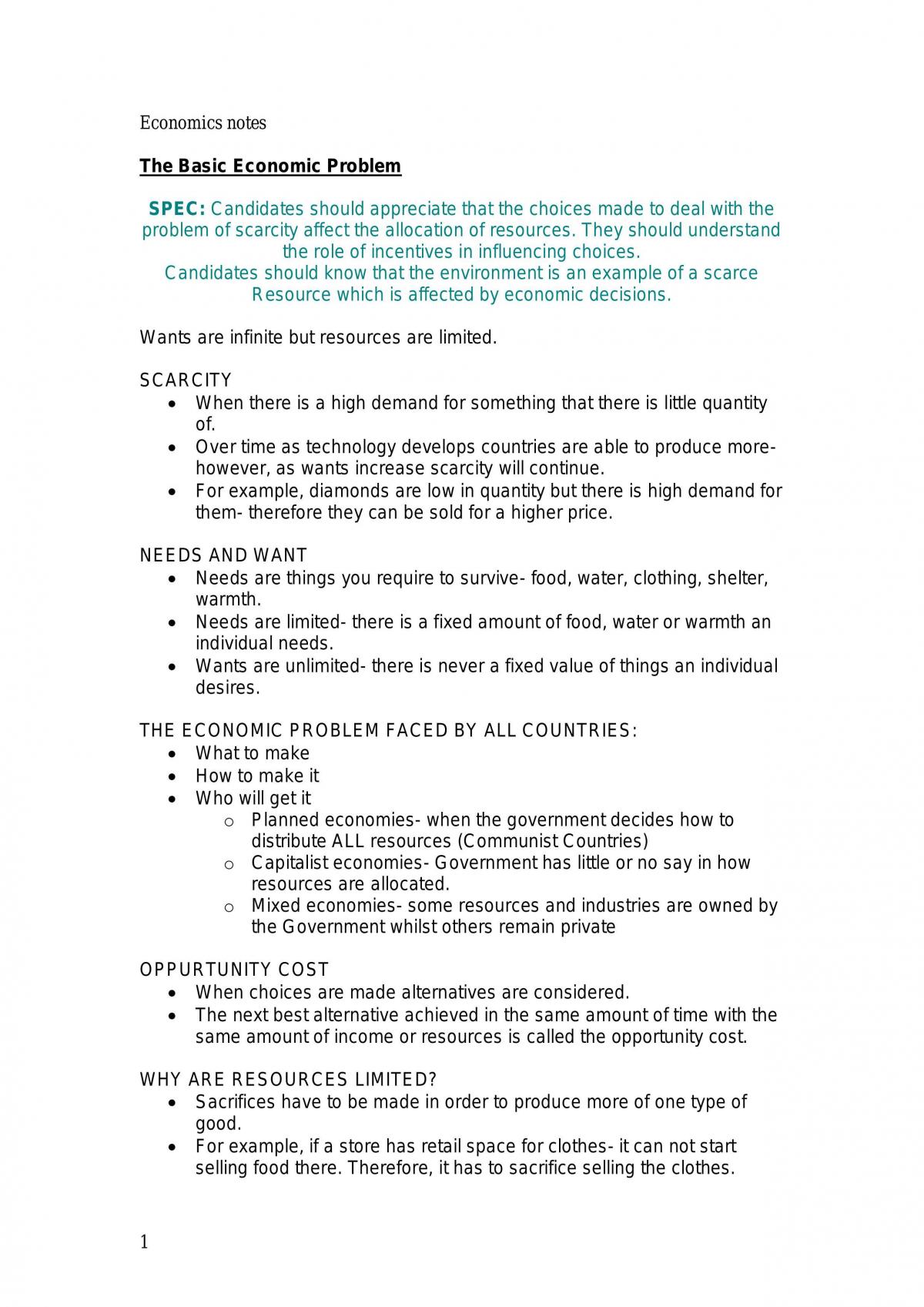 Unit 1 Economics Notes - Page 1