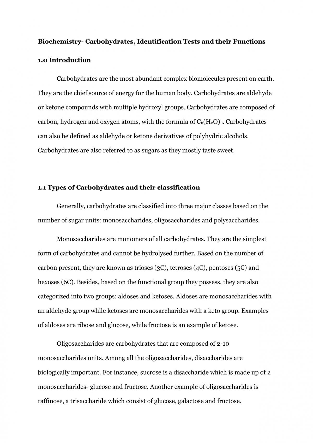 Carbohydrates, their Identification Tests and Functions - Page 1