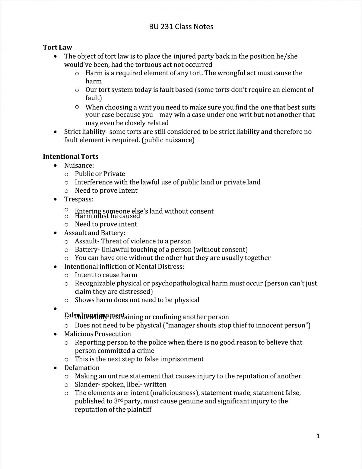 Law of Torts Study Notes - Page 1