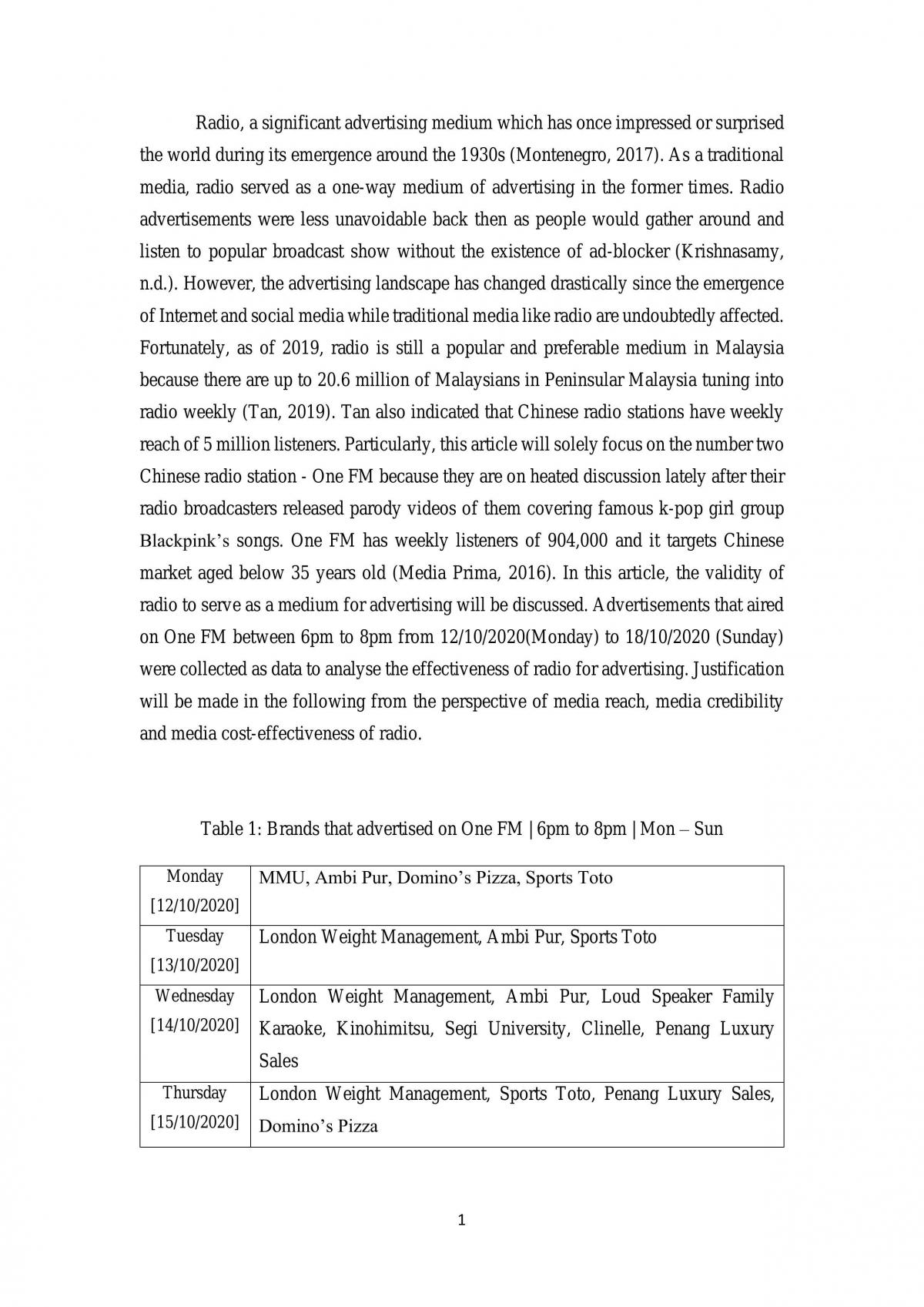 Media Planning - Assignment 1  - Page 1