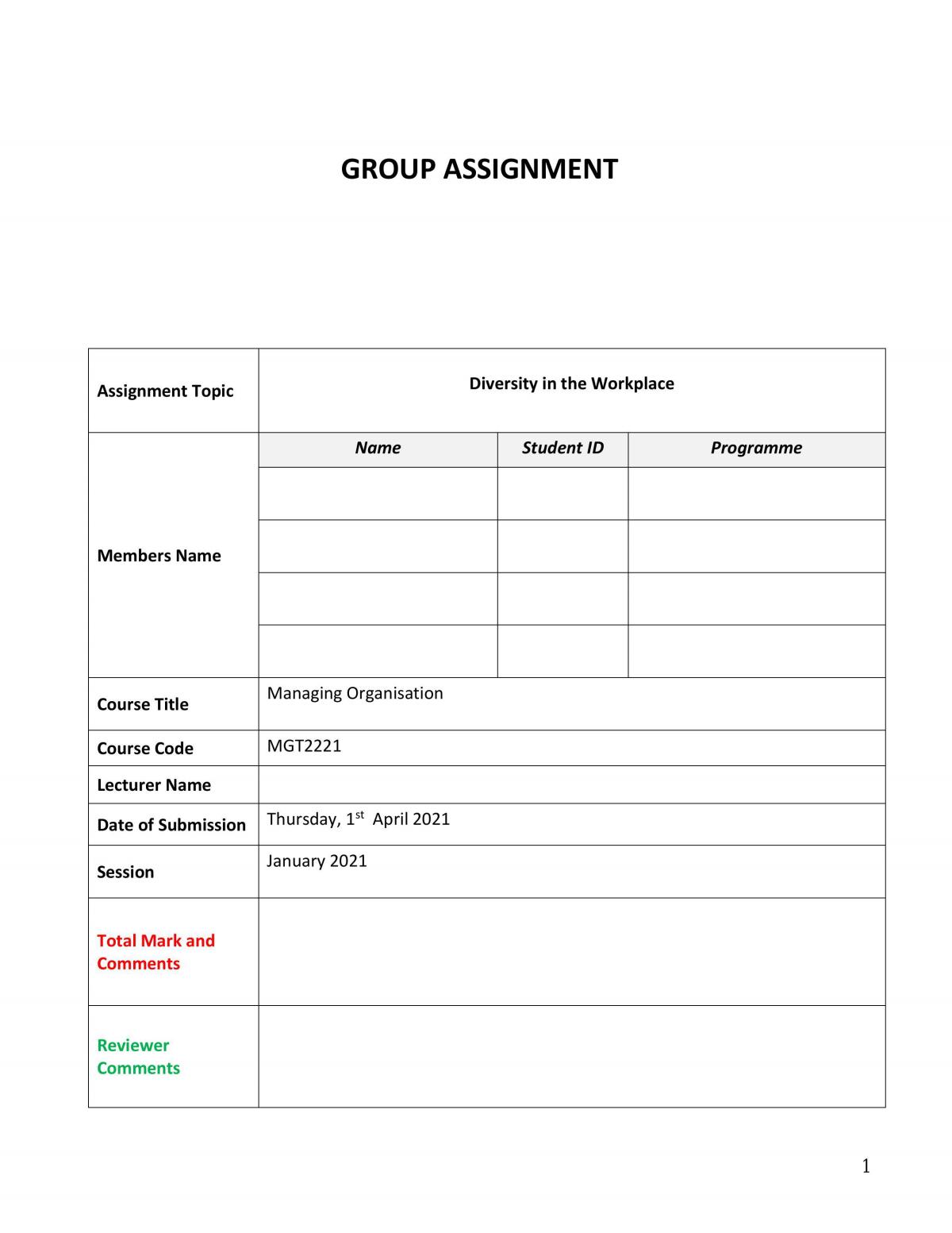 Diversity in the Workplace Group Assignment  - Page 1