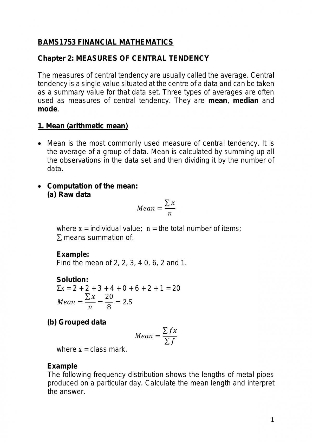 Financial Mathematics Complete Study Notes | BAMS1753 - Financial  Mathematics - TAR UC | Thinkswap