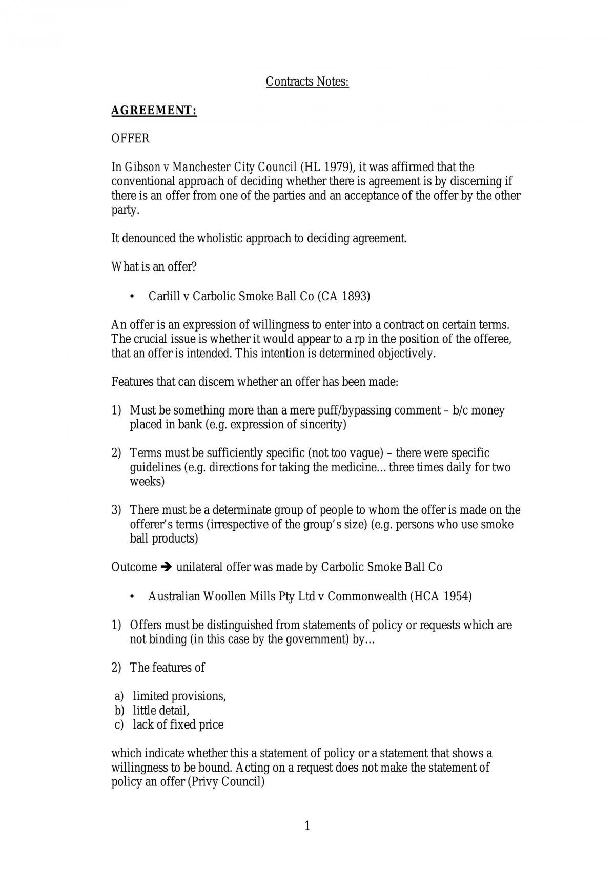 Summary Notes For Contracts1 (14Weeks) - Page 1
