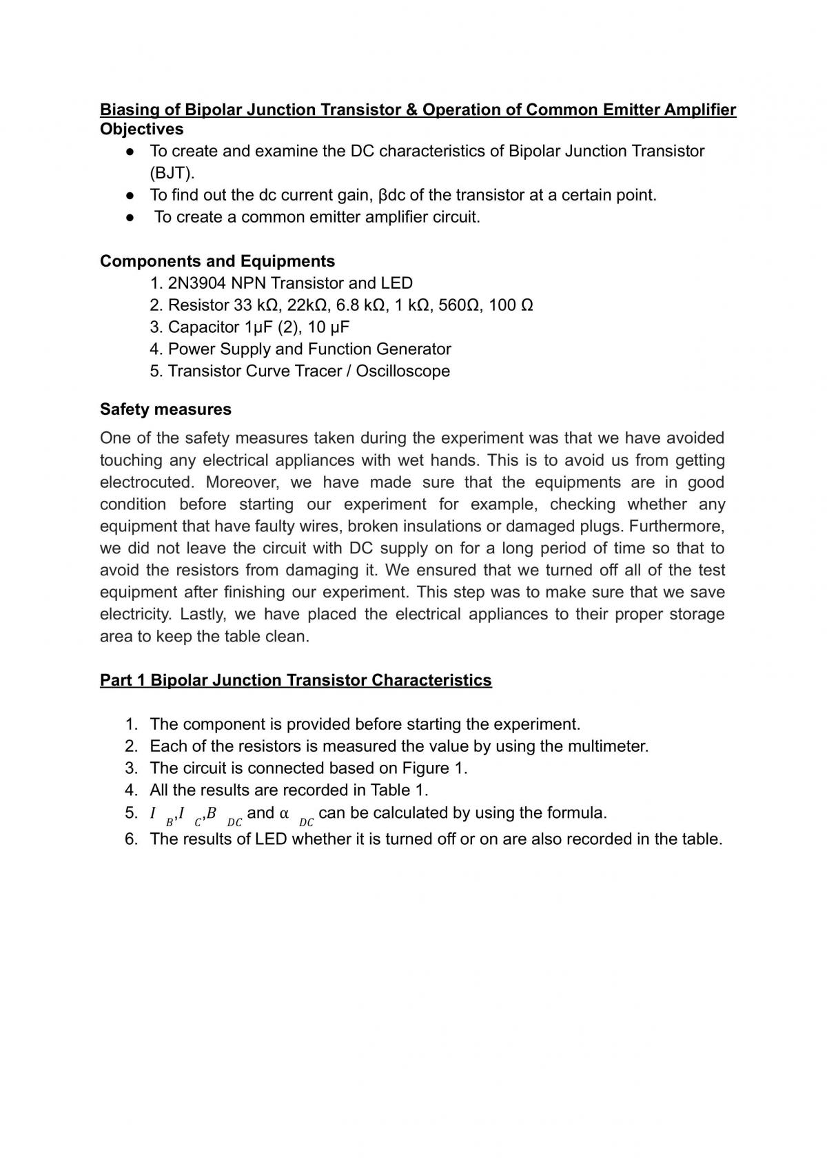 Biasing of Bipolar Junction Transistor & Operation of Common Emitter Amplifier  - Page 1