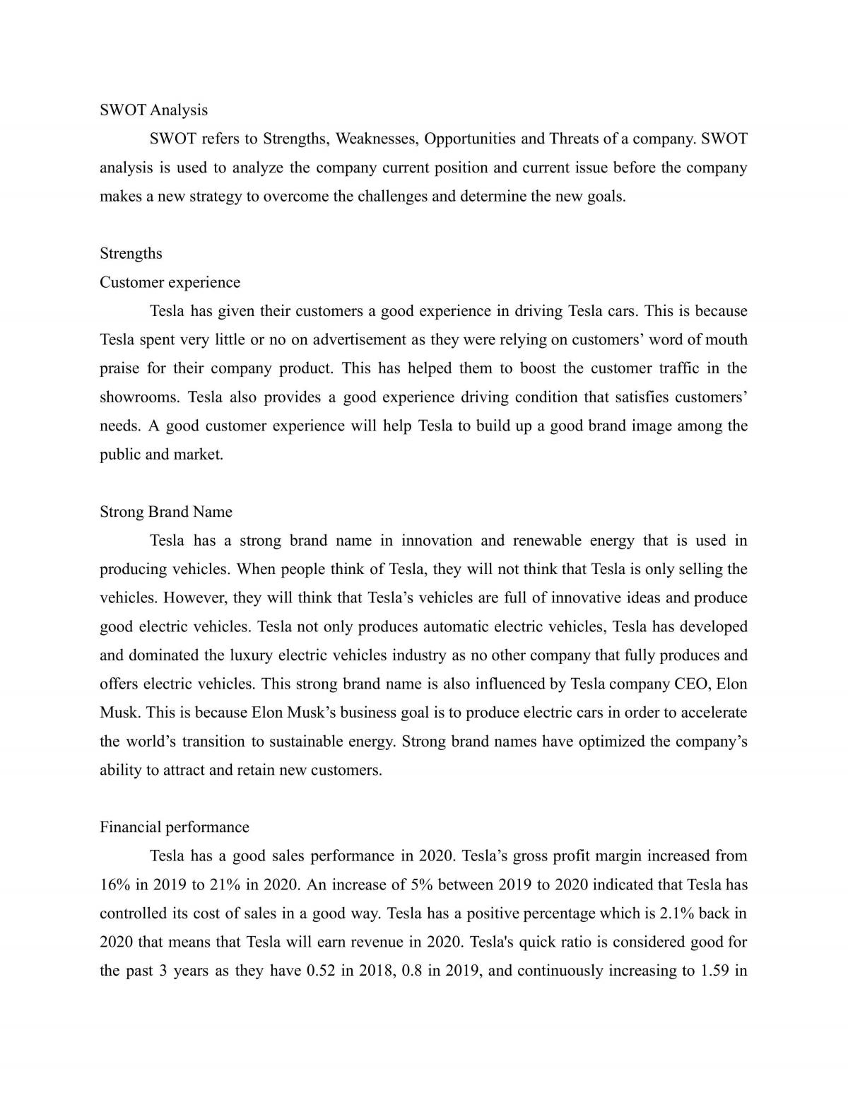 SWOT Analysis of Tesla and the Risk that will happen and the recommendation to solve the risk - Page 1