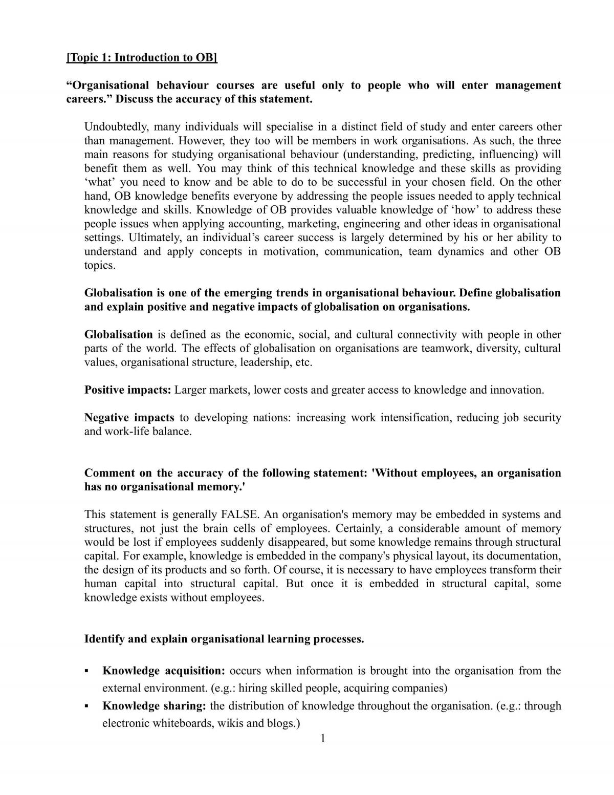 Notes for Organisational Behavior - Page 1