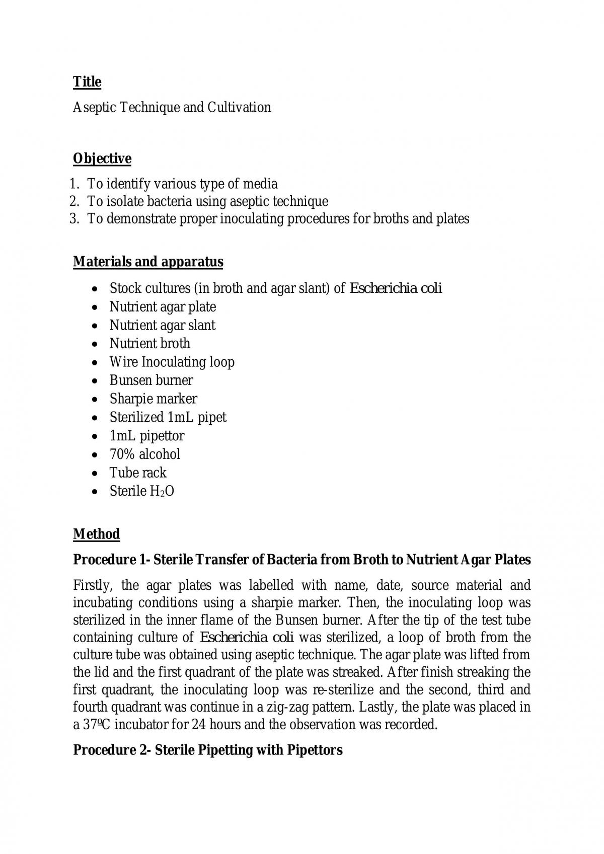 Aseptic technique and cultivation - Page 1