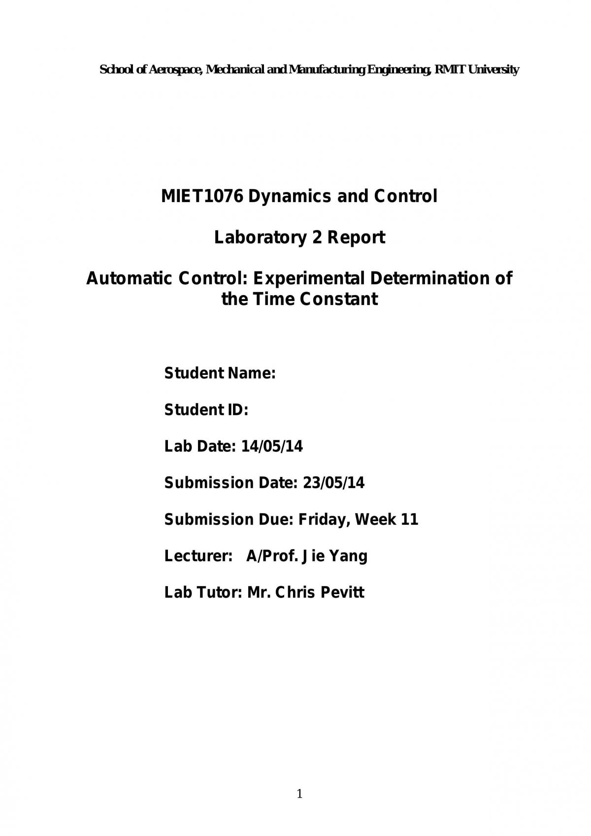 Laboratory 2 Report   Automatic Control: Experimental Determination of the Time Constant - Page 1