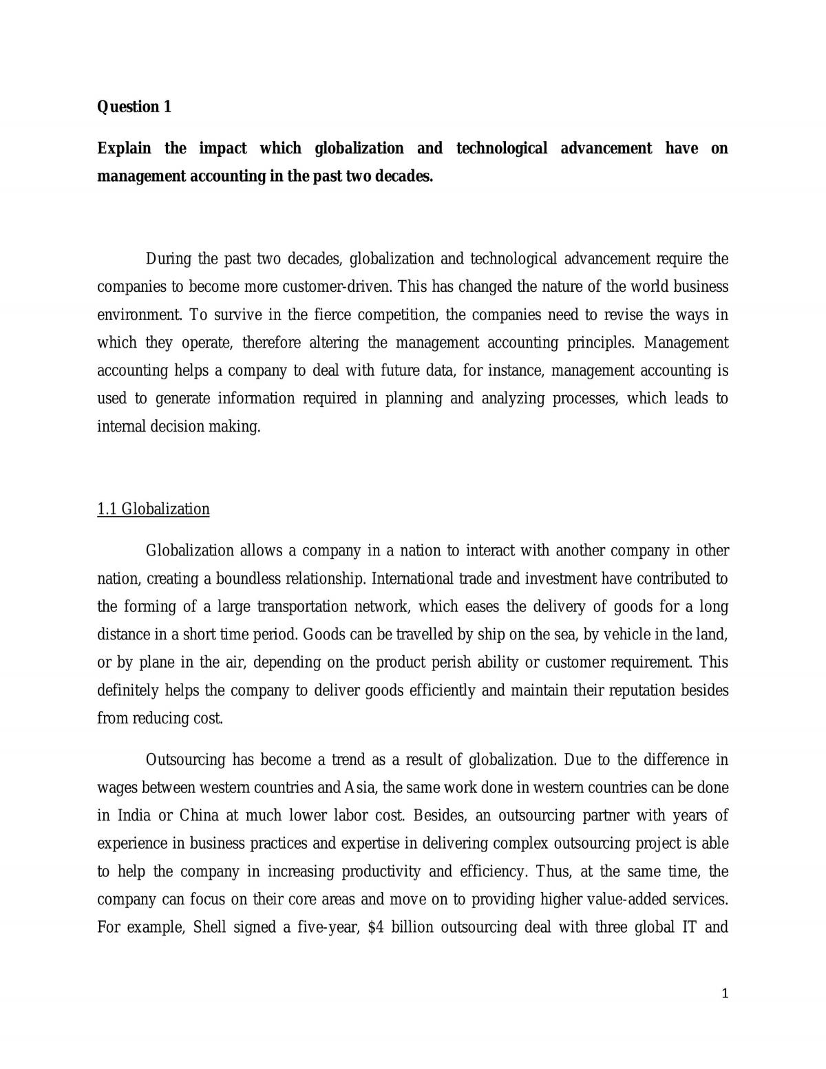 Assignment On The Impact Which Globalisation And Technological Advancement Have On Management Accounting In The Past Two Decades - Page 1