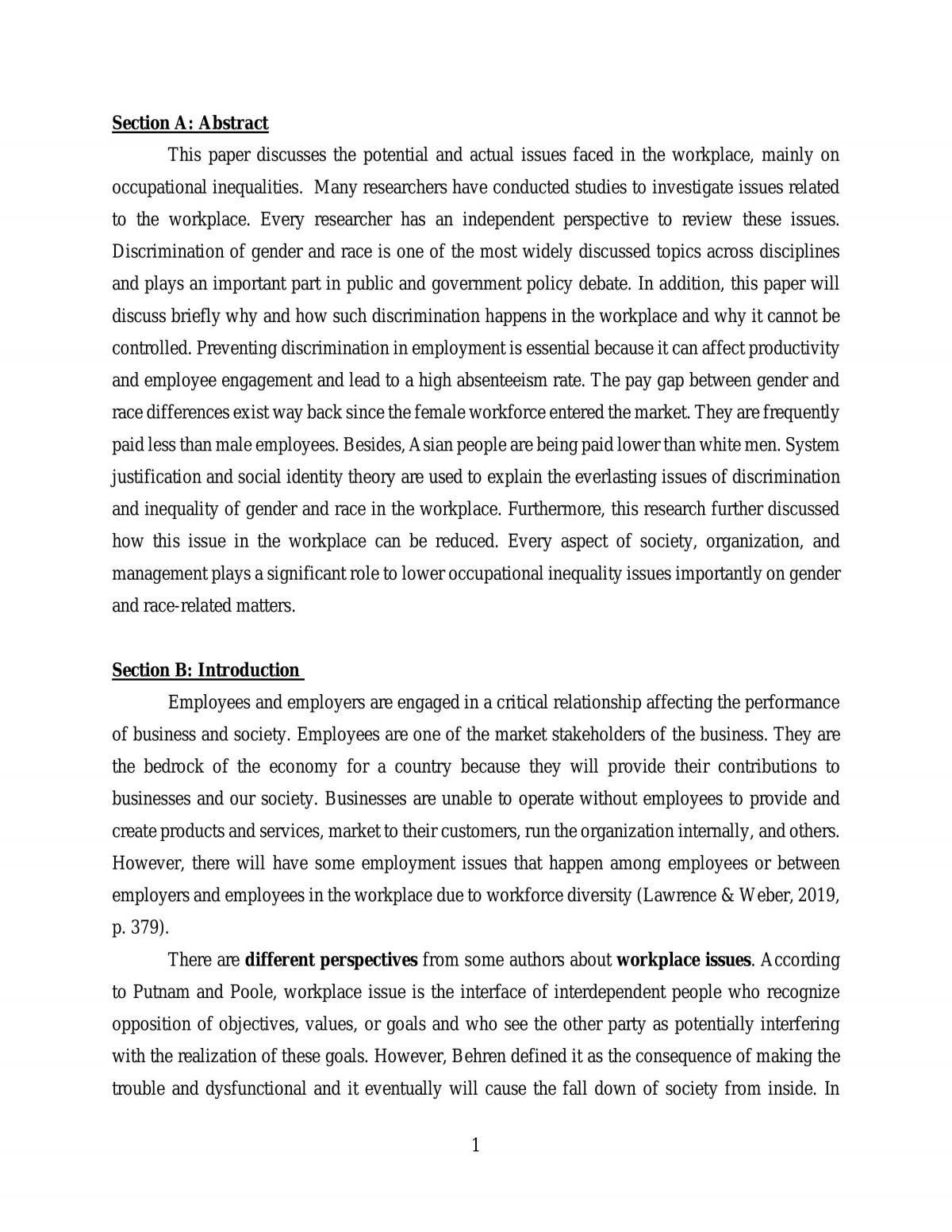 workplace issue example essay