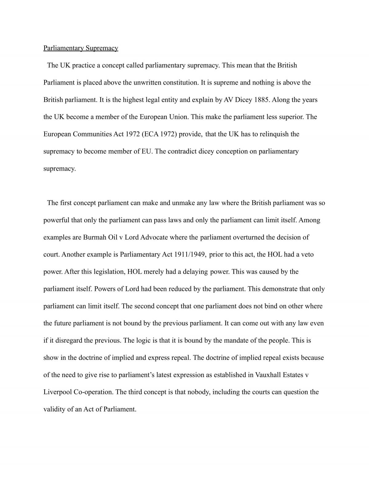 Parliamentary supremacy essay - Page 1