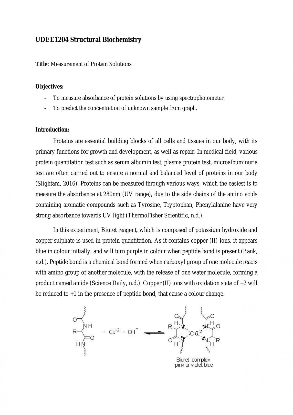 Measurement of Protein Solutions Practical Report - Page 1