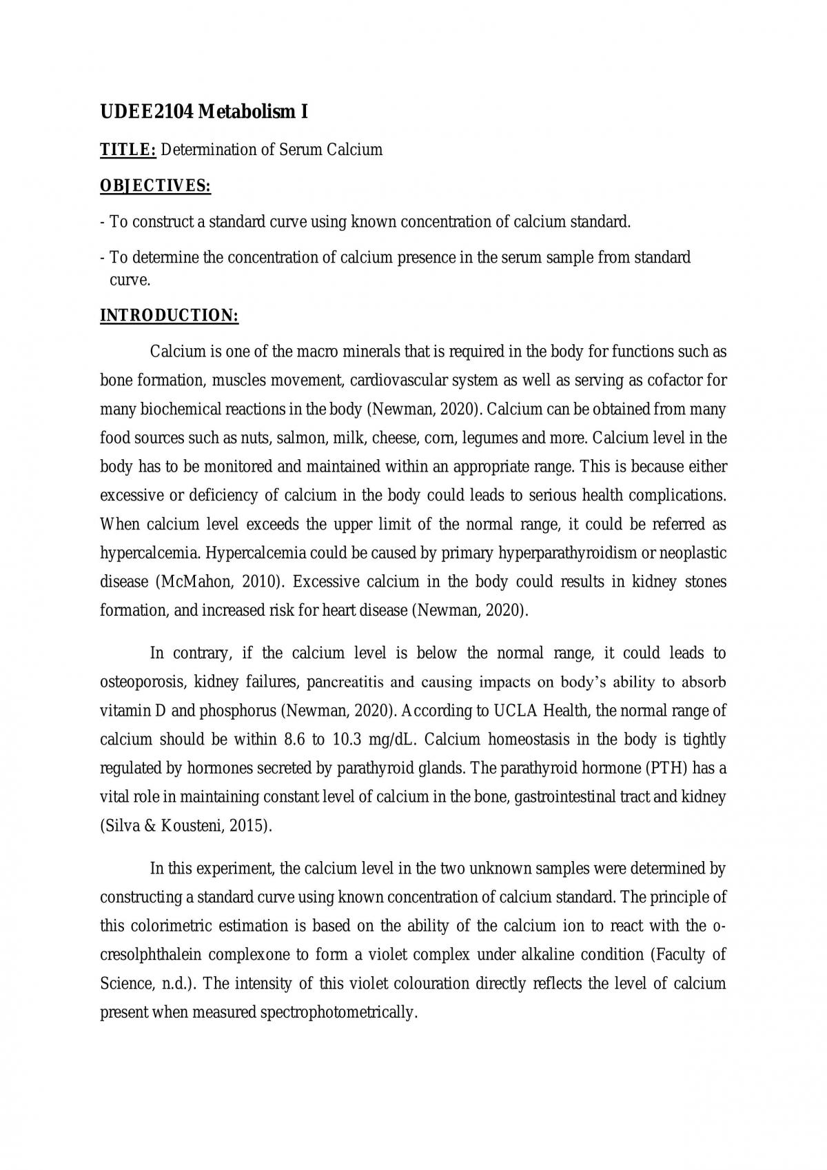 Determination of Serum Calcium Practical Report - Page 1