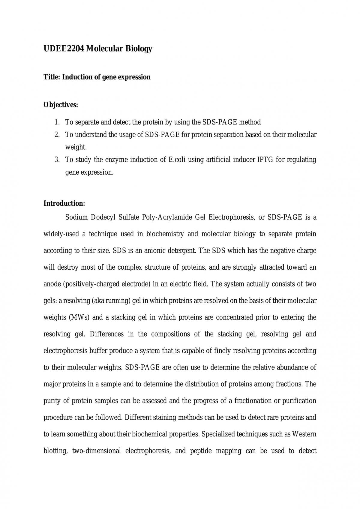 Induction of Gene Expression Practical Report - Page 1