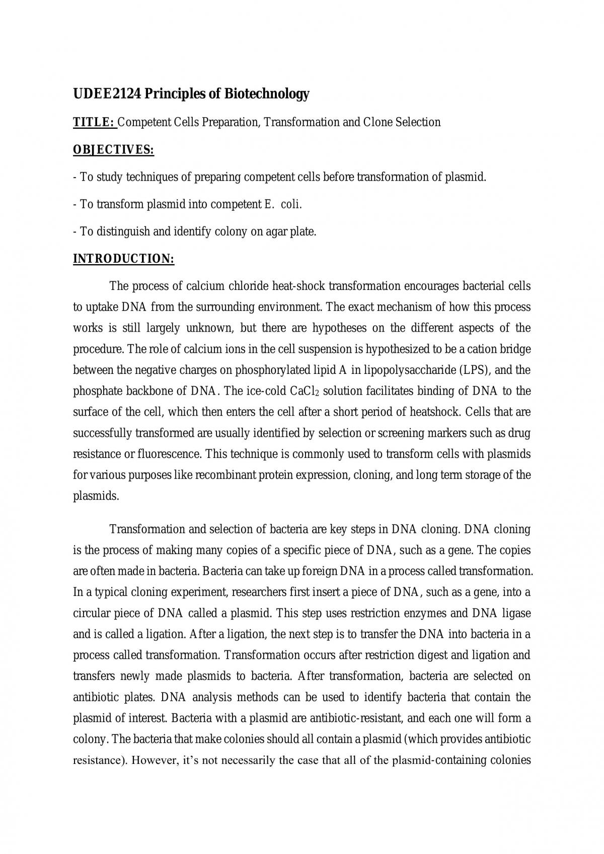 Competent Cells Preparation and Clone Selection Practical Report - Page 1