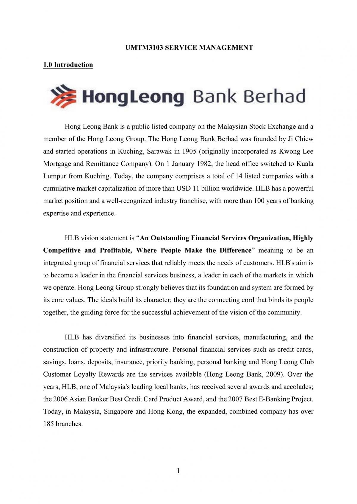 Research on Service Management by Hong Leong Bank Berhad  - Page 1