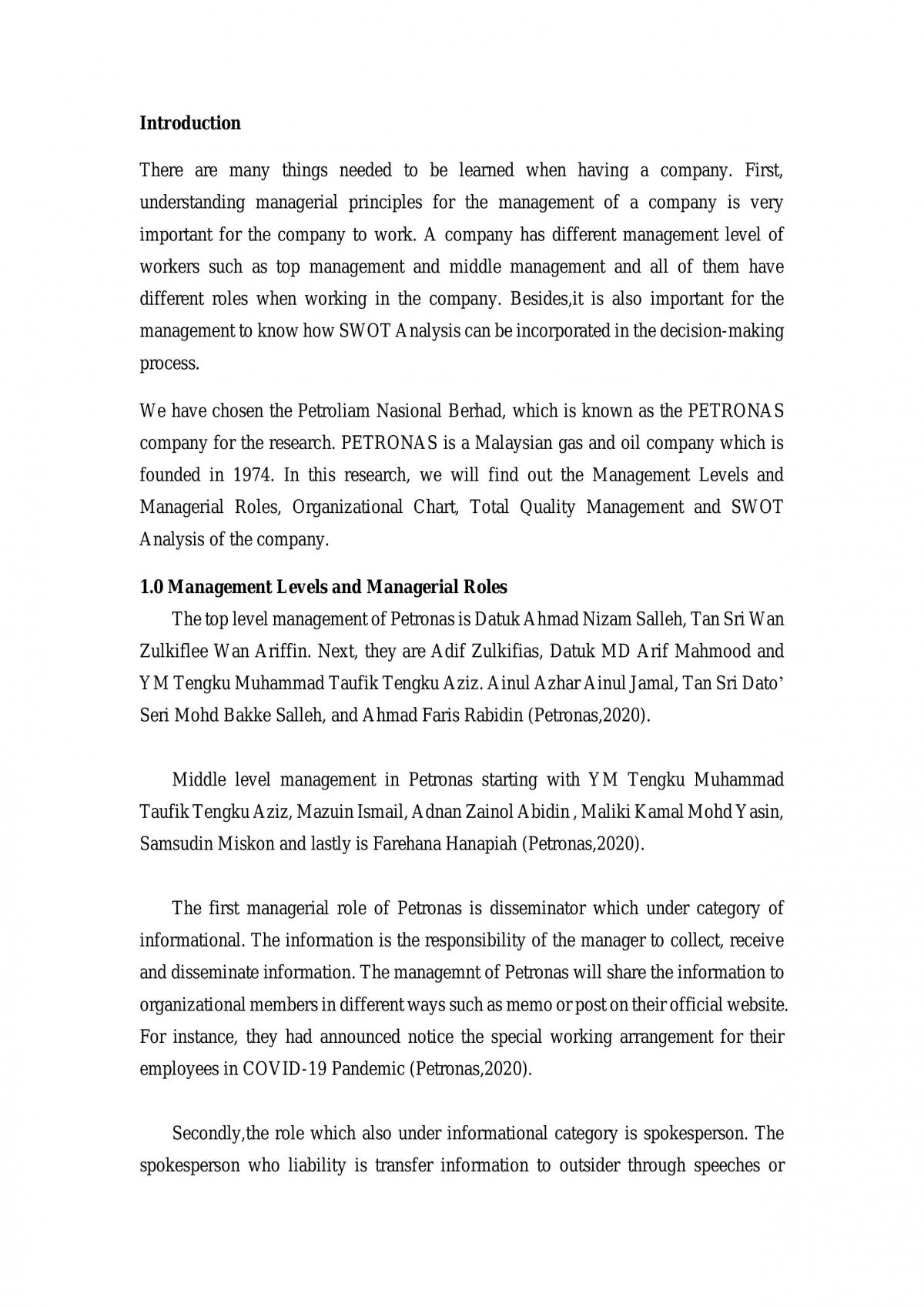 Essay discussing management of Petronas Sdn.Bhd - Page 1