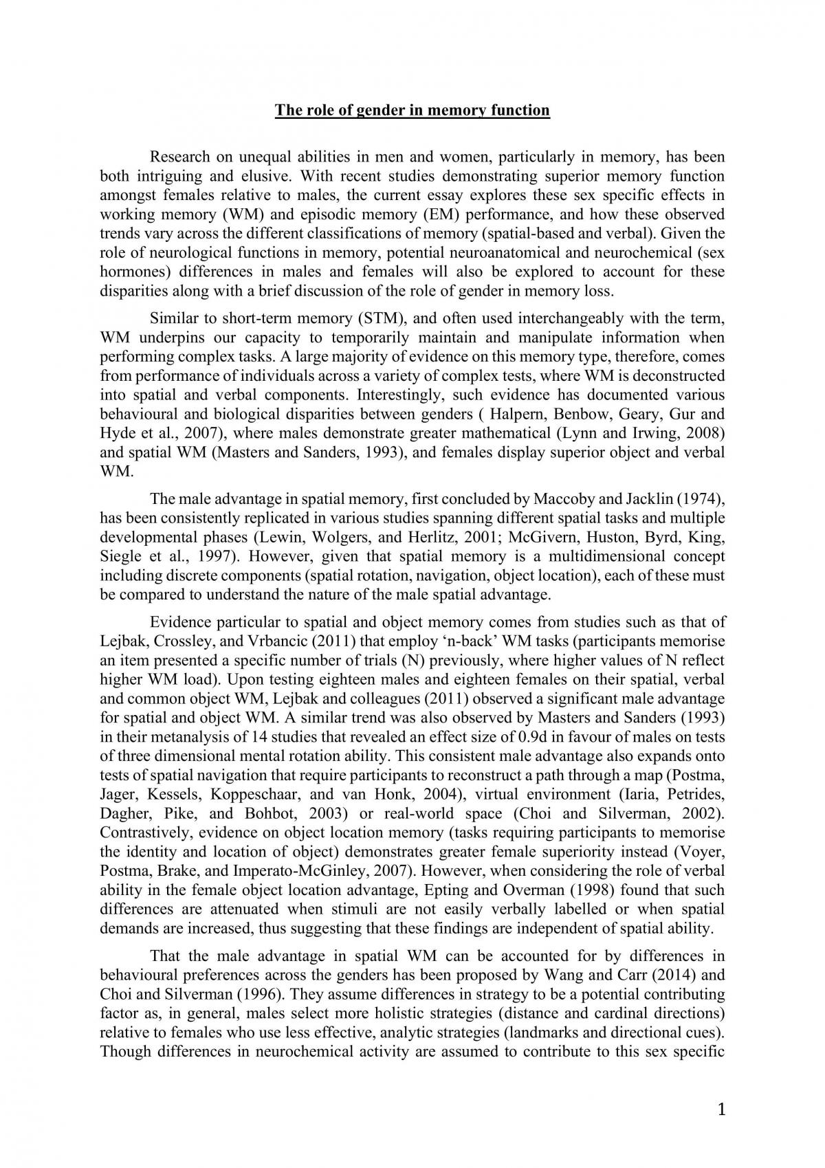 The role of gender in memory function - essay  - Page 1