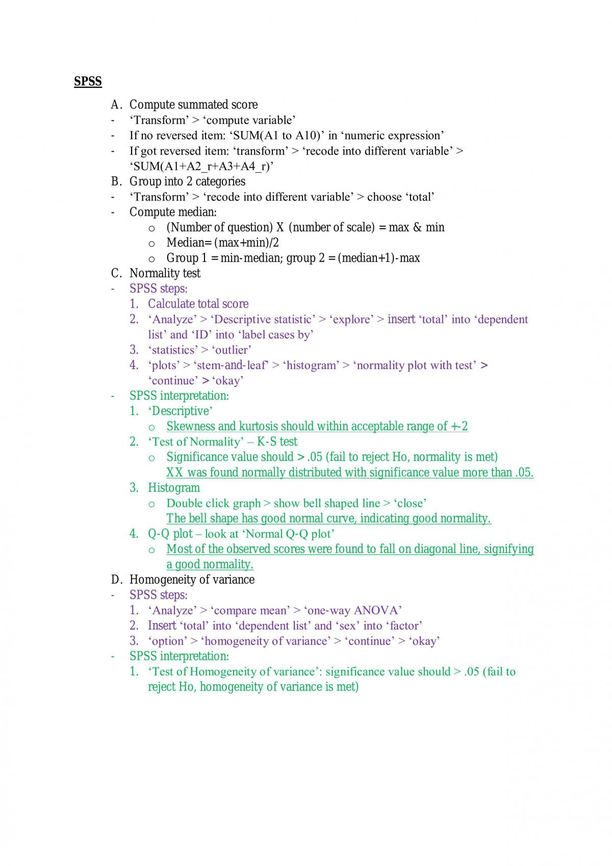 Study Note of Statistical Techniques for Behavioural Science II (With SPSS Steps and Data Interpretation) - Page 1