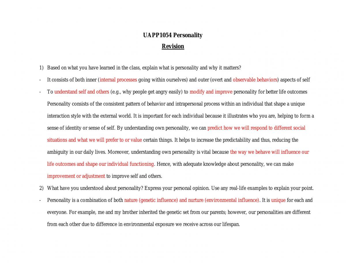 Comprehensive Study Note for All Personality Approaches  - Page 1