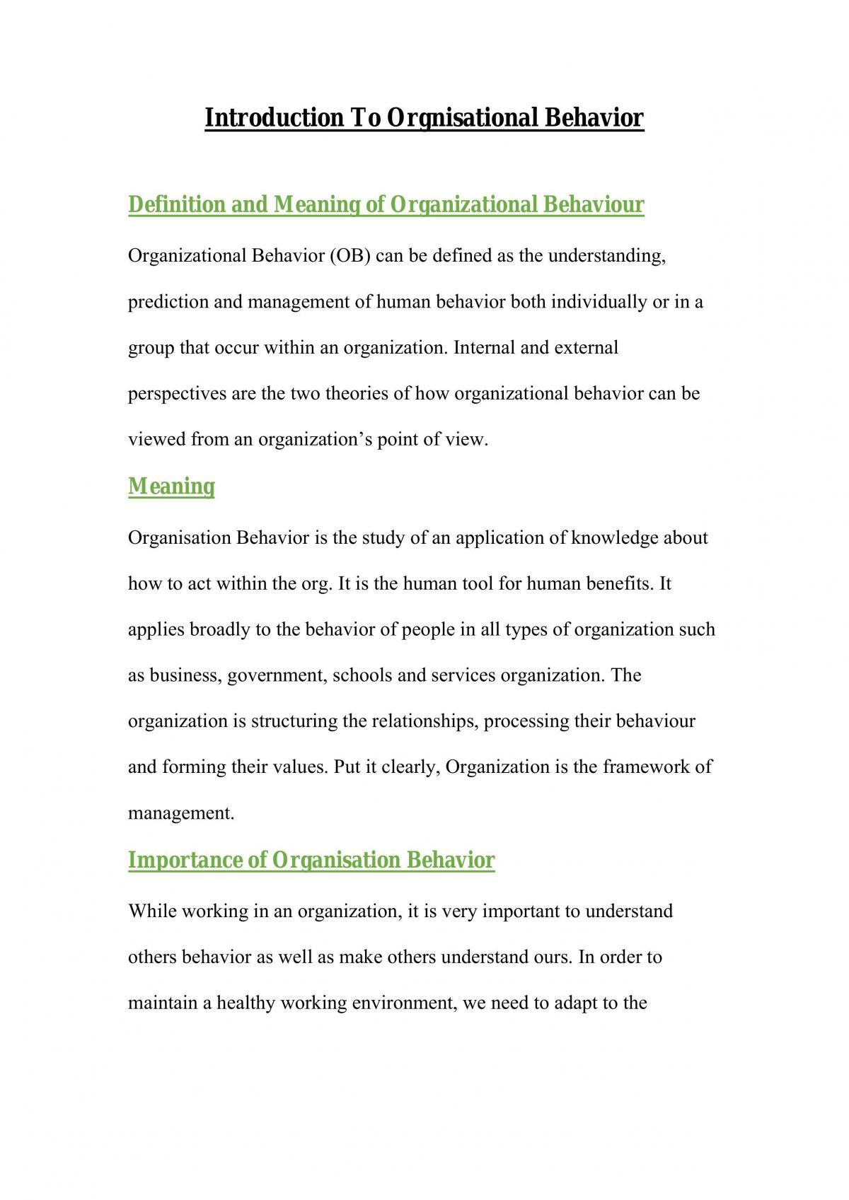 Introduction to Organisational Behaviour Notes - Page 1