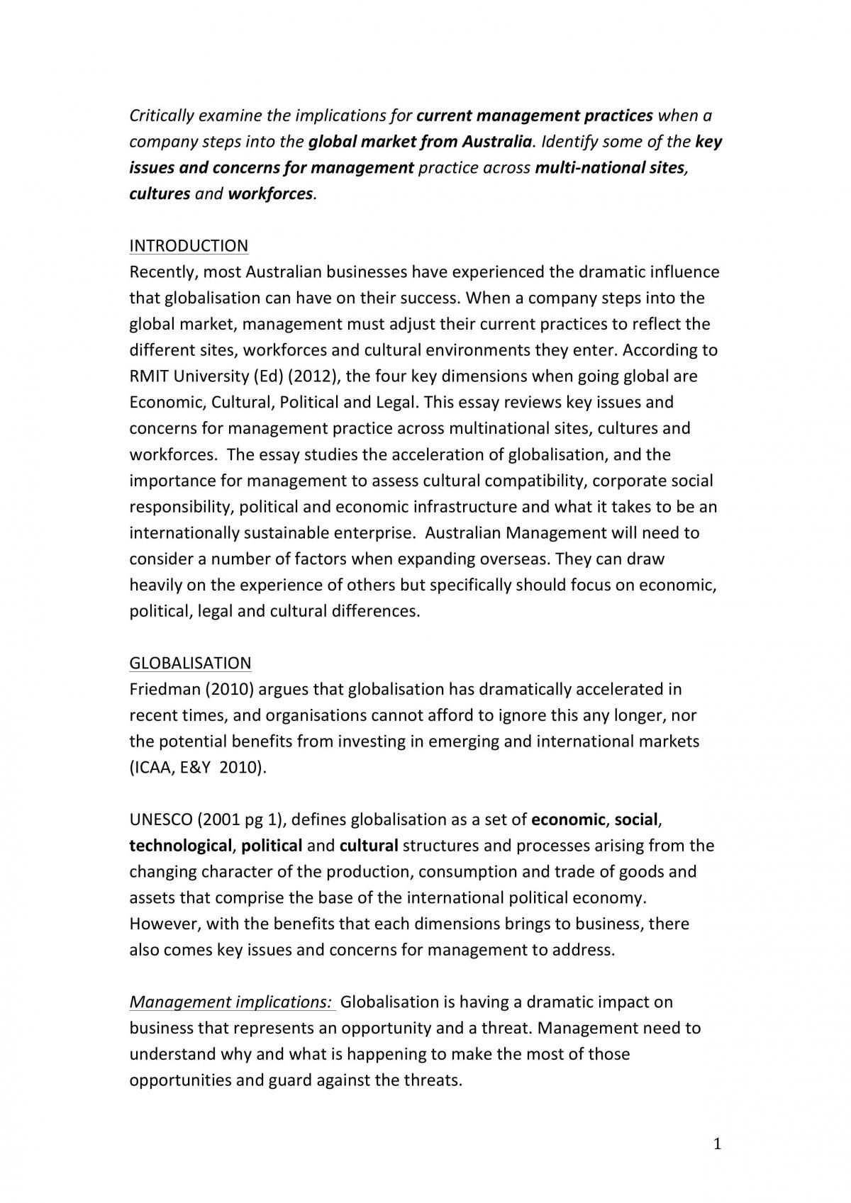 Globalisation Essay - Assignment 1 - Page 1