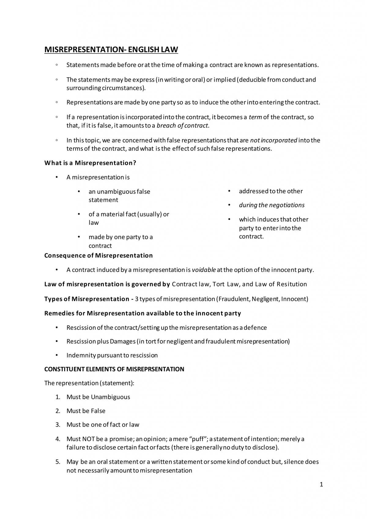 Misrepresentation Notes - Page 1