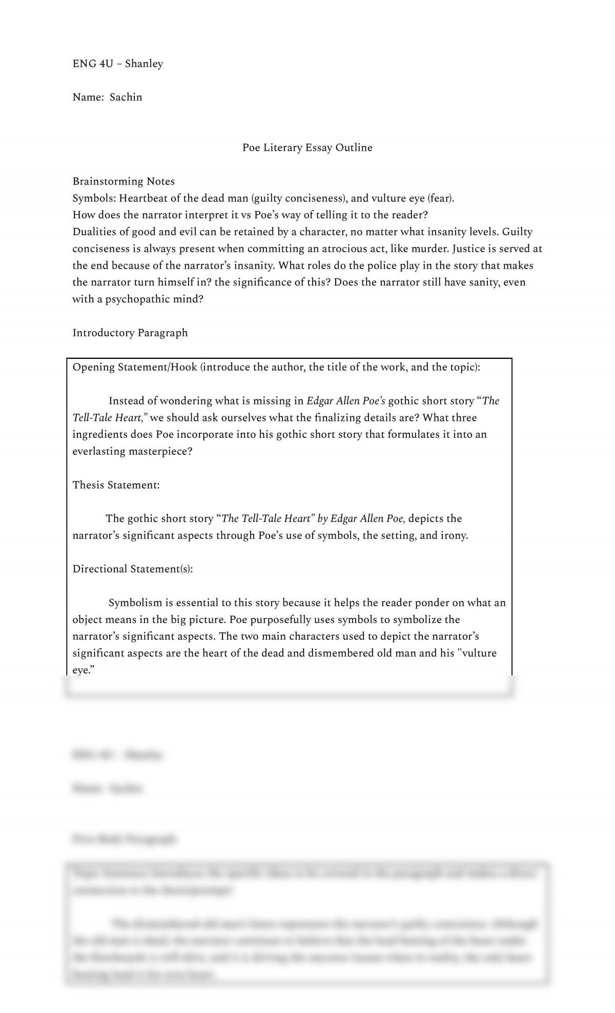 The Tell-Tale Heart Literary Essay Outline and Final Copy - Page 1