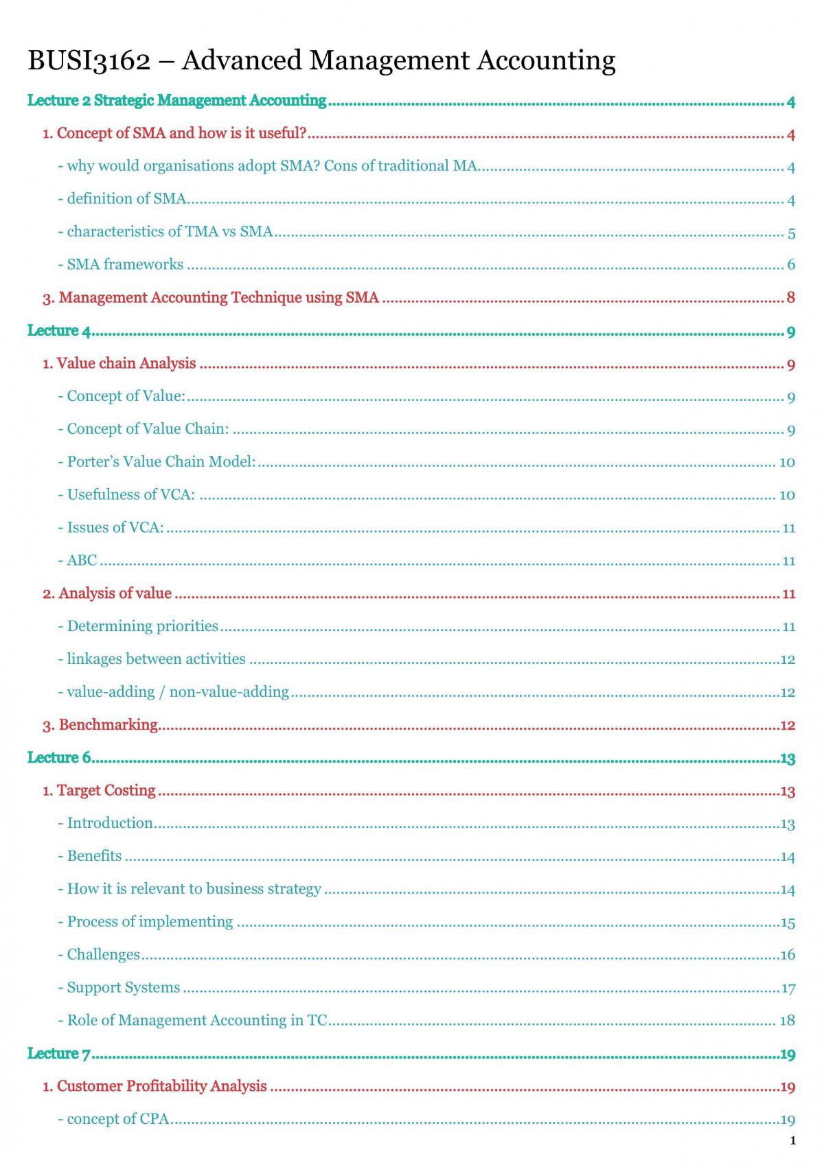 Advanced Management Accounting exam study notes - Page 1