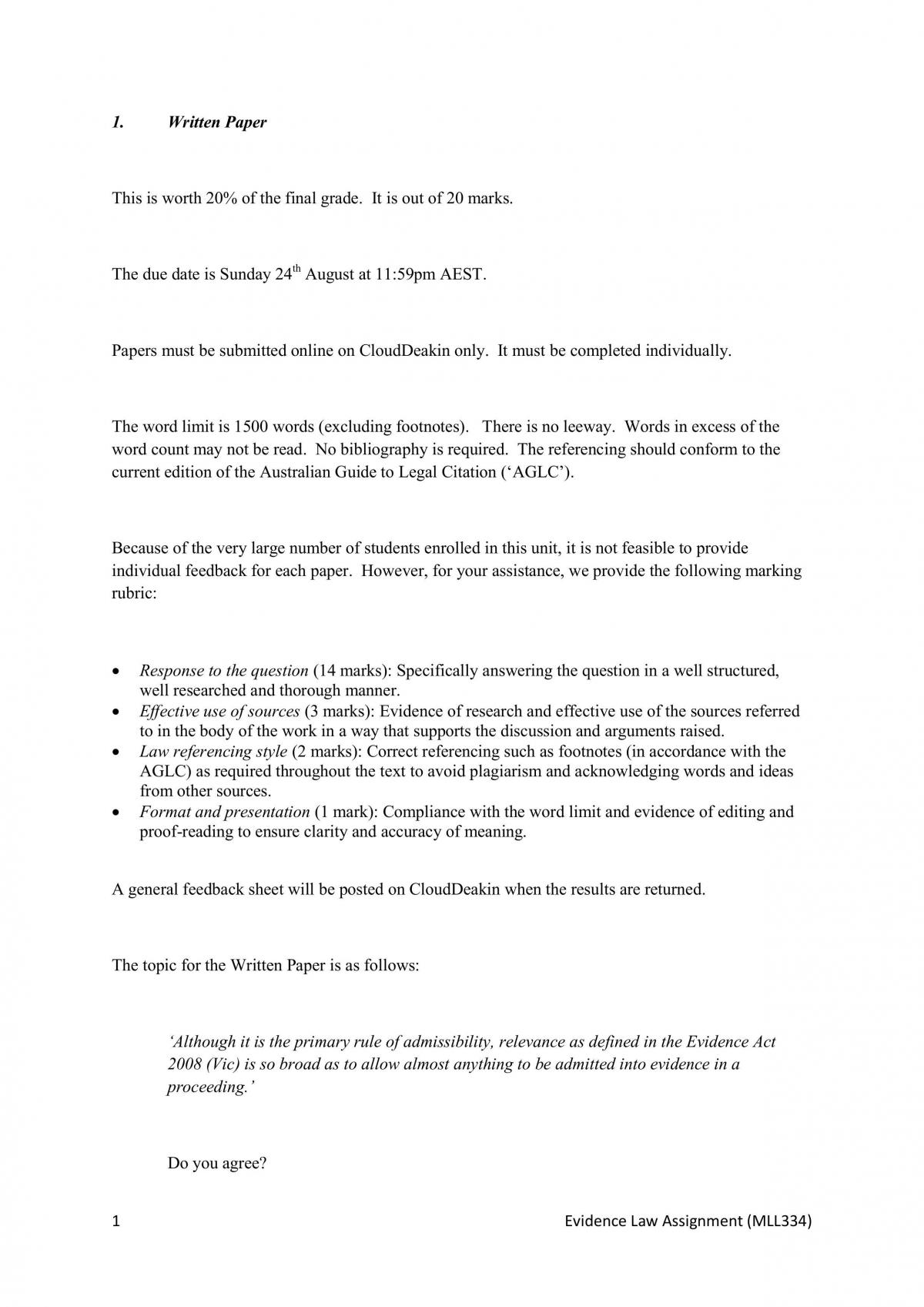 Evidence Law Assignment - Relevant Evidence - Page 1
