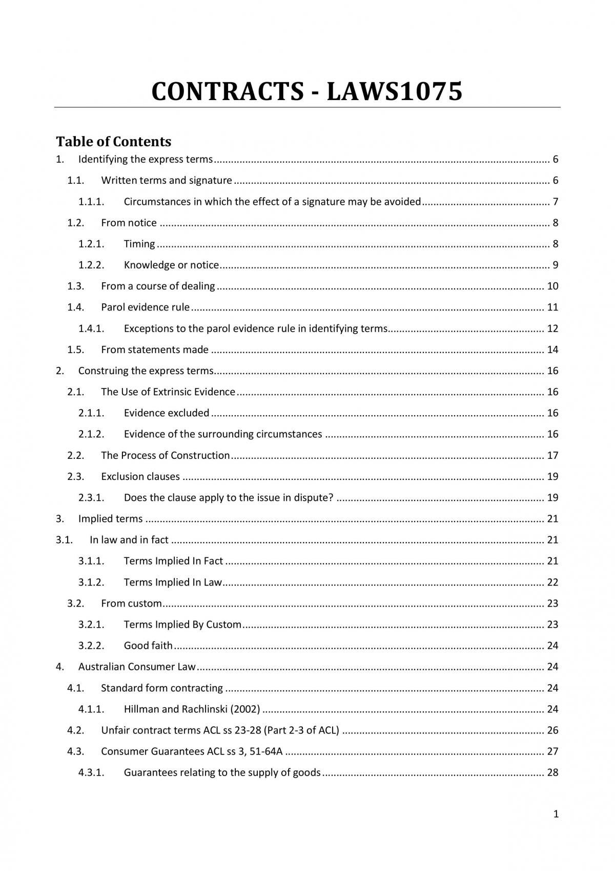 LAWS1075 - Contracts (UNSW) - Page 1