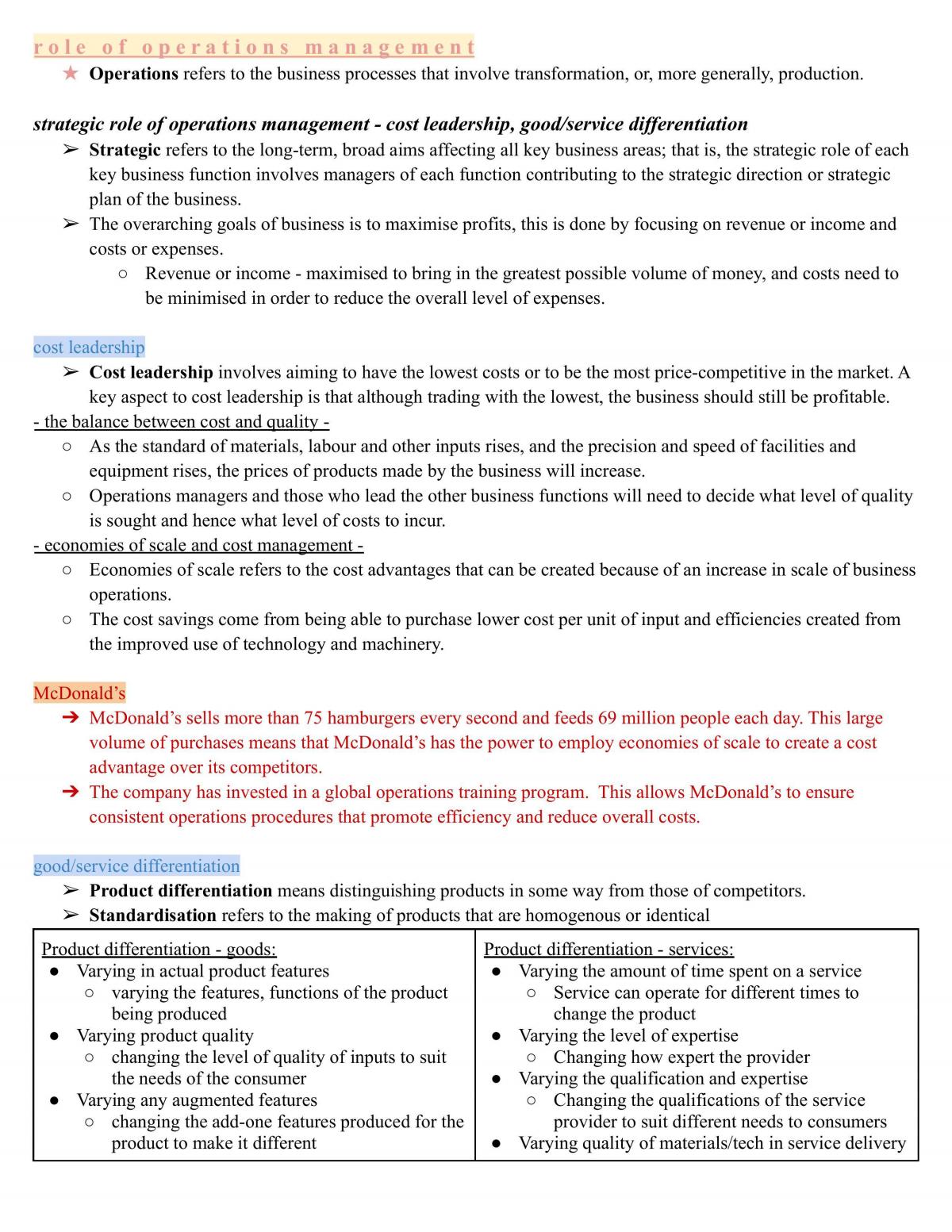Business Studies: Topic 1 - Operations Notes - Page 1