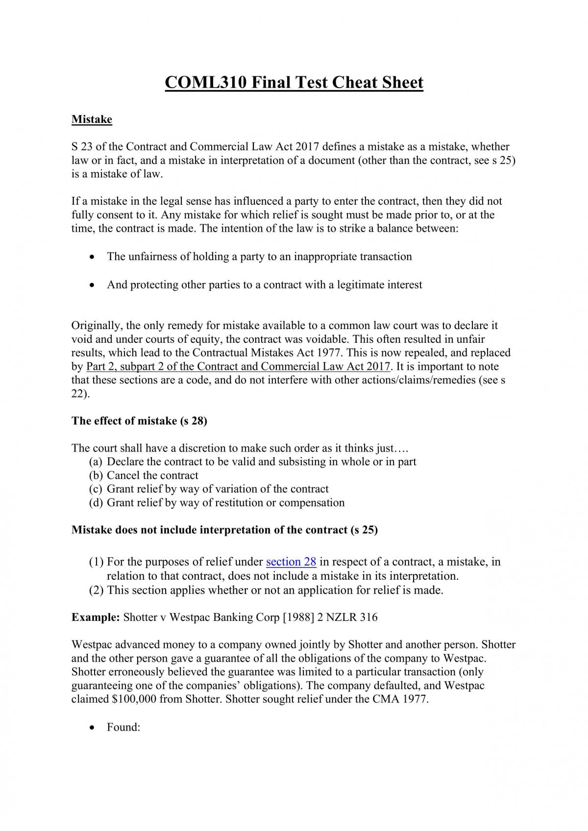 Final Test Summary Sheet - Page 1