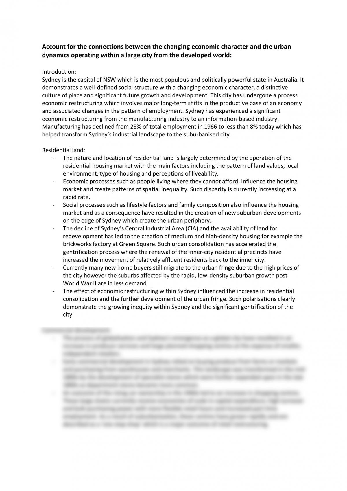 Account for the connections between changing economic character and the urban dynamics operating within a large city in the developed world  - Page 1