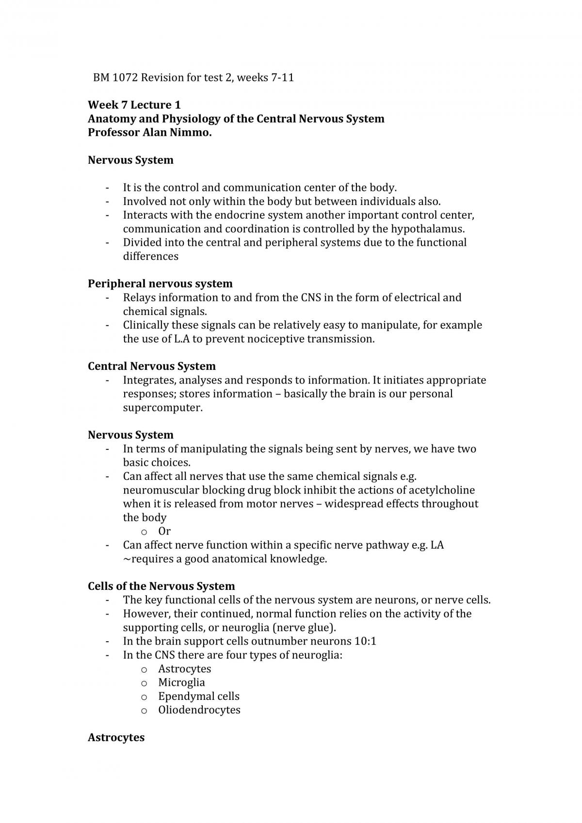 BM1072 Study Notes Test 2 - Set by Professor Alan Nimmo - Page 1