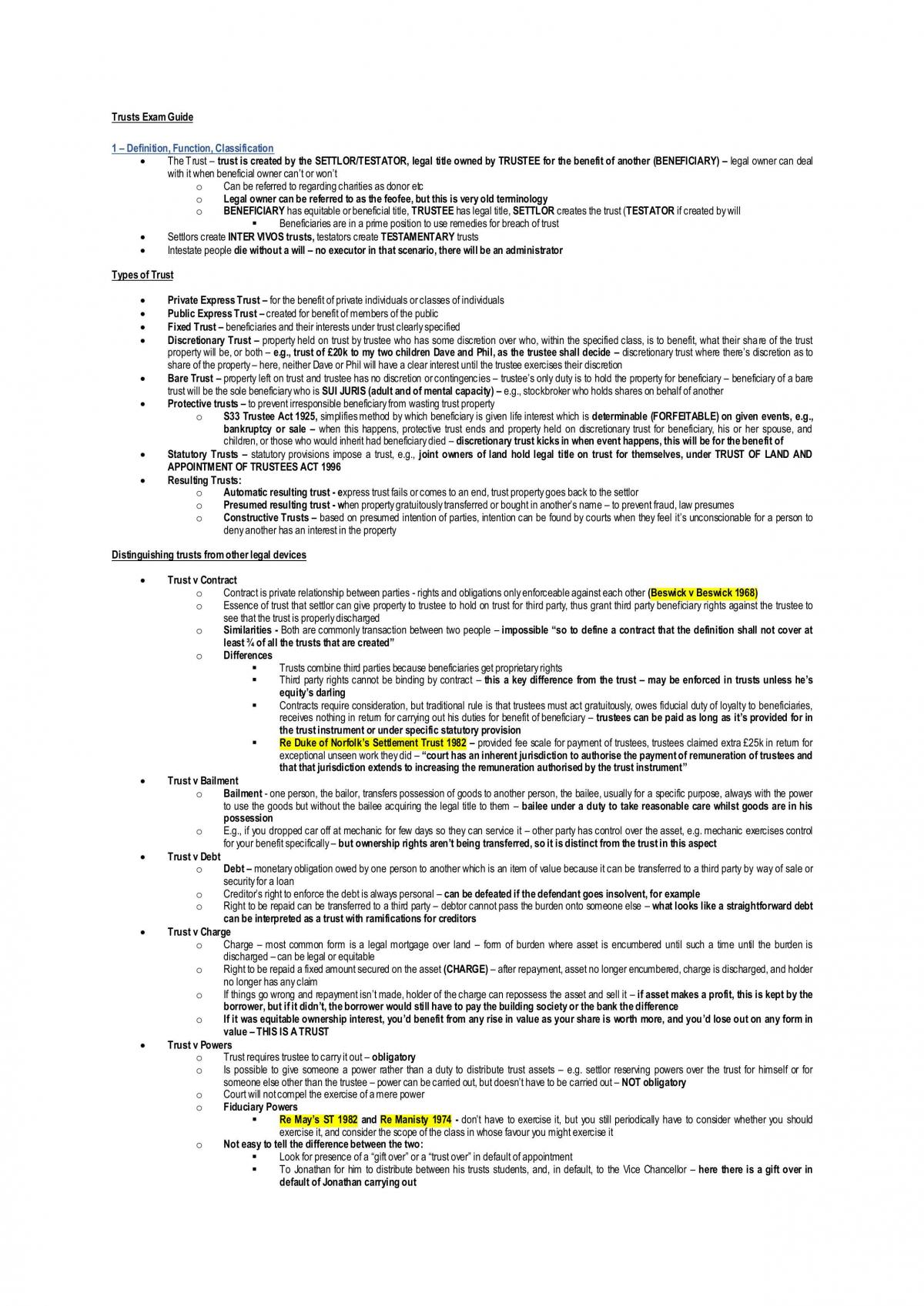 Trusts Notes LA307 Law Of Trusts Warwick Thinkswap