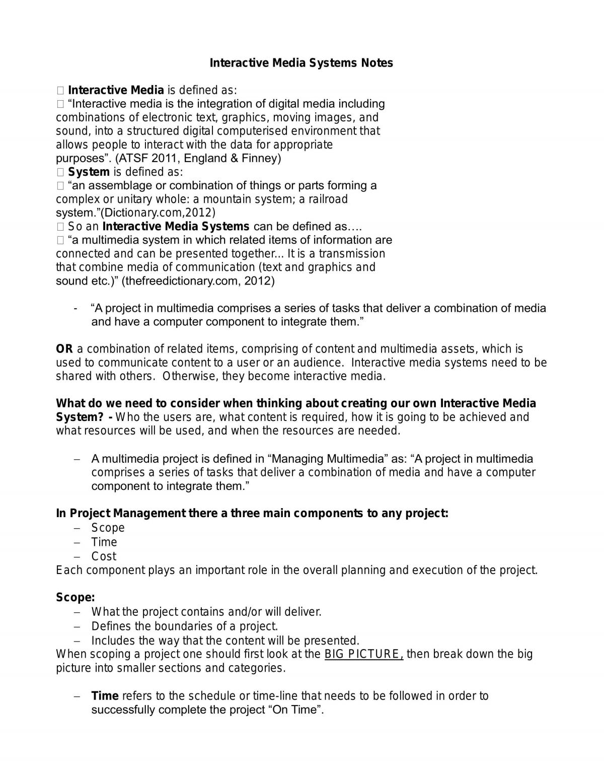 Interactive Media Systems Notes - Page 1