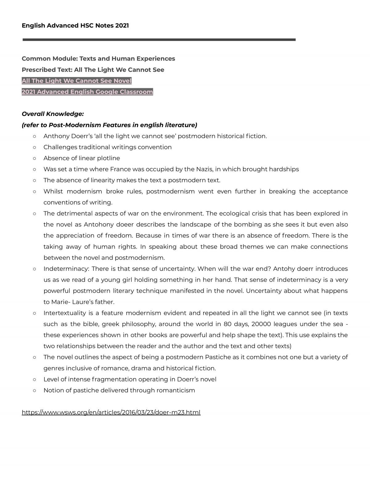 All The Light We Cannot See Notes English Advanced Year 12 HSC 
