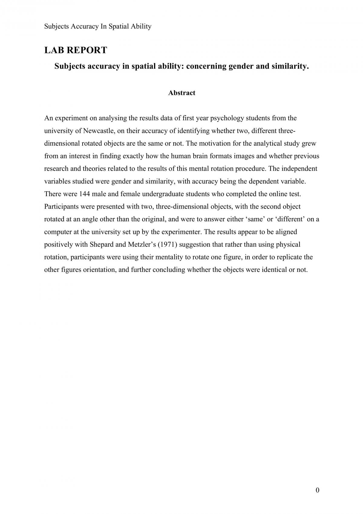 LAB REPORT : Subjects accuracy in spatial ability: concerning gender and similarity.  - Page 1