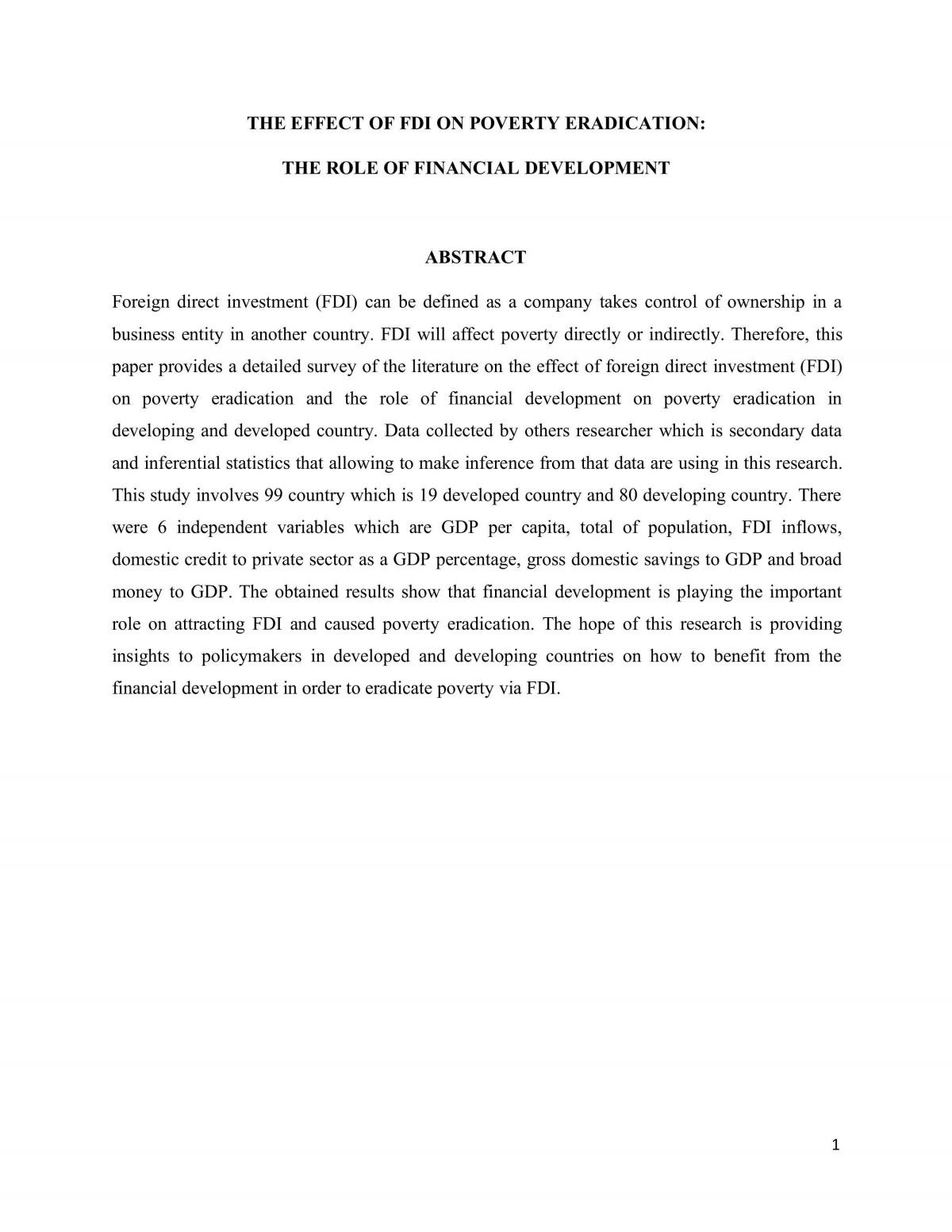 The Effect Of FDI On Poverty Eradication: The Role Of Financial Development - Page 1