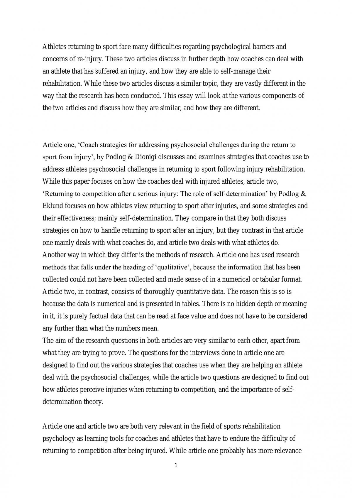 Article critique of athletes returning to sport after injury - Page 1