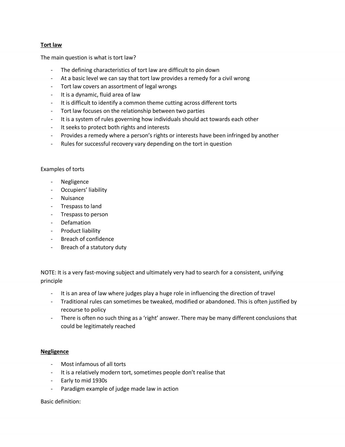 Tort Law Complete Study Notes - Page 1