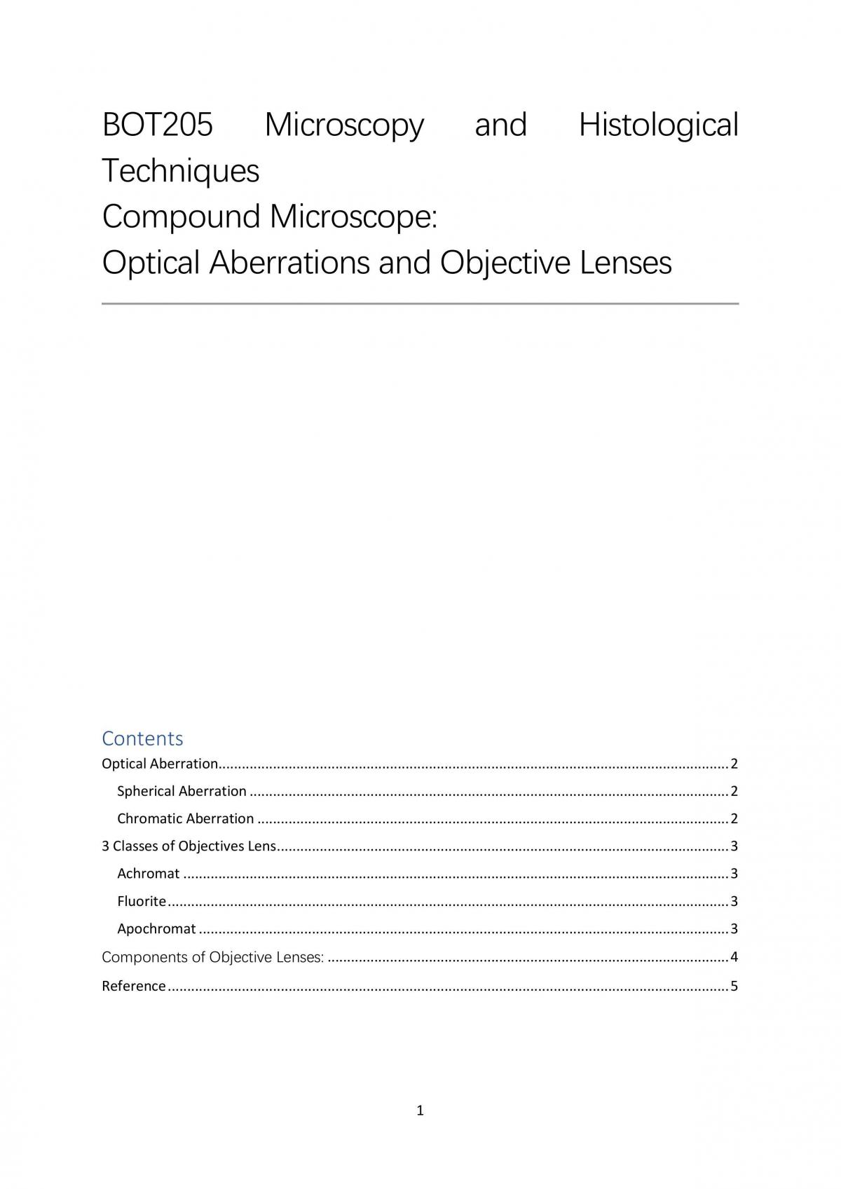 BOT205 Optical Aberrations and Objectives Lenses - Page 1