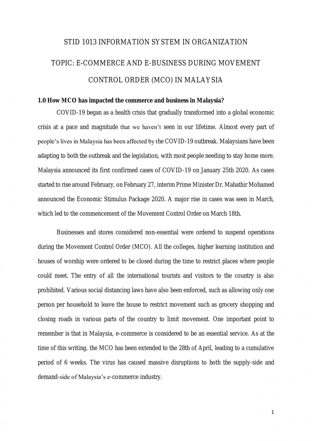 E-commerce And E-business During Movement Control Order (MCO) In Malaysia - Page 1