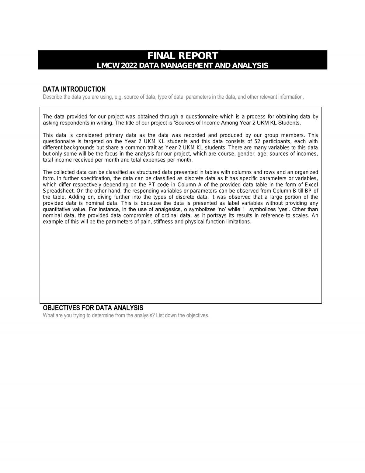 Final Report on Sources of income among year 2 student - Page 1